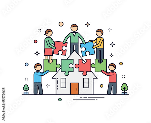 Cooperative business model illustrated through a group of simplified human figures holding puzzle pieces that fit into a central building shape, symbolizing