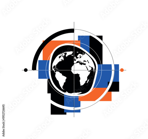 A monochrome irregular globe placed centrally, framed by bold geometric circular shapes and thin grid lines referencing global measurement systems, abstract