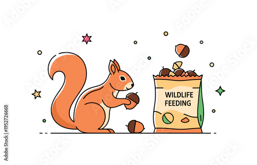 Wildlife dependency risk A squirrel sitting beside an overflowing snack bag instead of gathering acorns, illustrating how artificial feeding alters natural