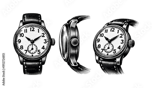 Vintage wristwatch A vintage-style wristwatch represented as one object, displayed in front, profile, and angled views emphasizing domed crystal, classic dial