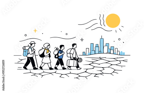 Environmental migration. A small group of people carrying belongings walking across cracked dry land toward a distant city skyline. Abstract sun and heat lines