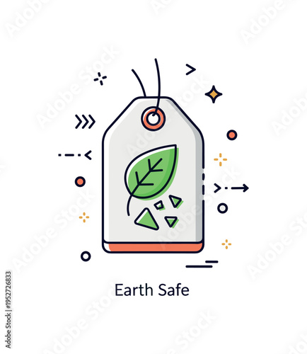 Biodegradable product label concept with a simple tag shape and decomposing leaf icon at the center. Tiny arrow accents and a soft ?Earth Safe? caption