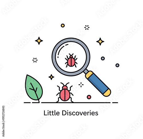 Nature scavenger hunts backyard discovery theme with a magnifying glass hovering over a small bug and leaf silhouette, conveying observation, curiosity, and