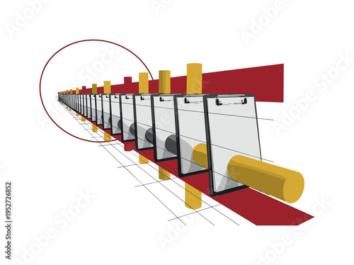 Monochrome row of identical clipboards moving forward in perspective like a parade formation, high-contrast vintage feel, intersected by sharp abstract