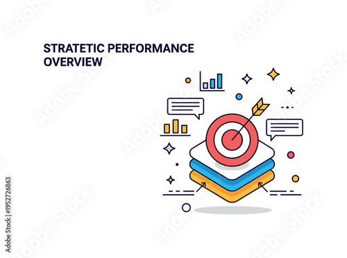 Strategic performance overview illustrated by a target icon with layered data chart elements surrounding it, symbolizing alignment of goals and measurable