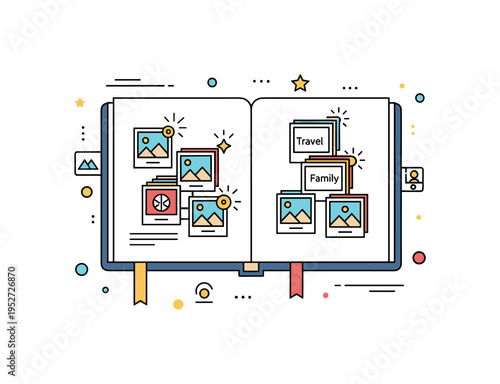 Memory sorting process open album with photos grouped into small themed stacks such as Travel and Family, tiny star accents highlighting meaningful moments. A