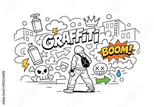 Urban graffiti. Colorful lettering and symbols spreading across buildings, a figure stepping back to observe the work. Rhythm of the city, movement, and visual