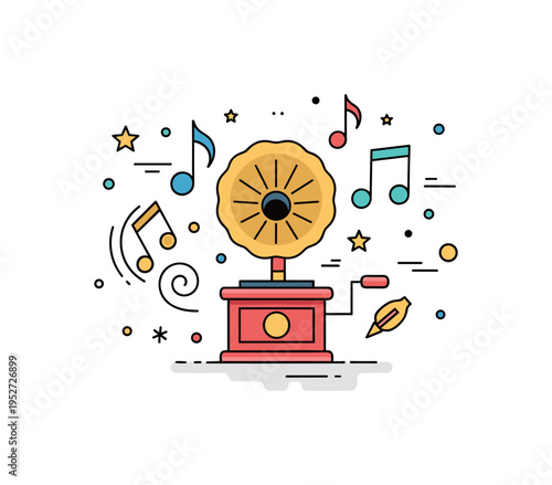 Vintage circus melody theme featuring a gramophone icon with swirling note accents, representing old fashioned carnival tunes and nostalgic charm. The badge