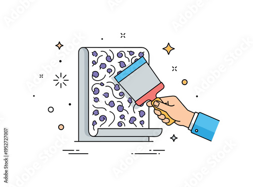 Wallpaper stripping process illustrated by a hand holding a scraper lifting patterned wallpaper from a smooth wall surface, symbolizing renovation