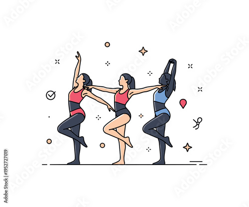 Synchronized team dance competition illustrated with three aligned silhouettes performing the same pose, expressing coordination and teamwork in sport dance