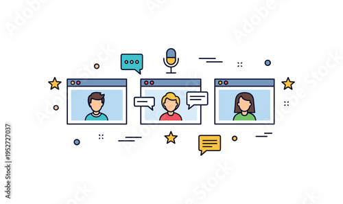 Online panel discussion scene showing three small speaker windows aligned across a screen with subtle microphone and chat icons, expressing dialogue and