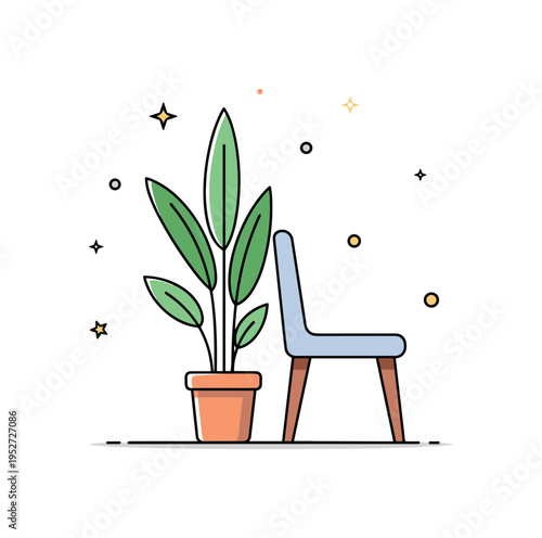 Tall indoor plant with elongated leaves placed beside a simple chair representing serene reading corner atmosphere. Soft light accents emphasize freshness and