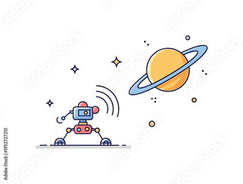 Space probe exploration concept showing a compact robotic probe approaching a ringed planet with subtle signal waves, symbolizing remote research and