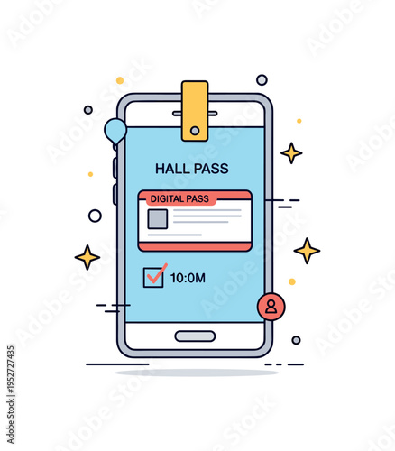 Digital hall pass app icon smartphone screen displaying a simple pass card interface with a checkmark and time stamp. A modern concept badge highlighting