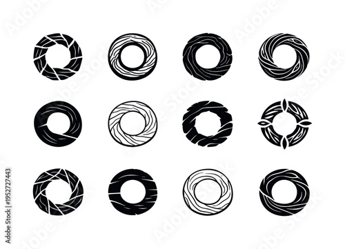 Decorating with reclaimed wood. Icon set. Set Logo of Decorating with reclaimed wood: abstract wood ring. harmonious logo variations of the same emblematic