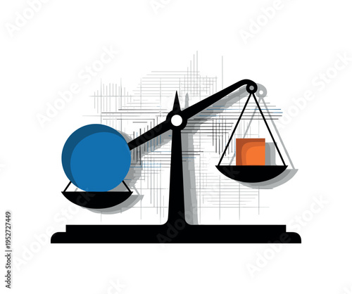 Black and white retro scale balance with unequal sides, one side holding a large bold blue circle, the other a small orange square, abstract linear grids