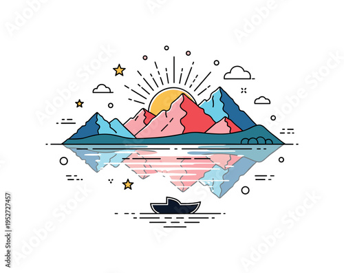 Lakeside sunrise landscape featuring a calm reflective water surface mirroring colorful mountains, with a small boat silhouette adding narrative depth. The