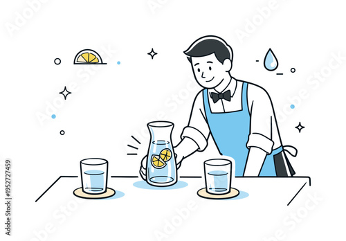 Restaurant table water service. A waiter gently placing a glass carafe of water on a table with two glasses, calm hospitality scene with subtle motion lines