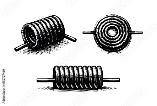 Radio frequency coil inductor. Black and white dot style with halftone texture and high contrast. Halftone texture with partial solid black fills smoothly