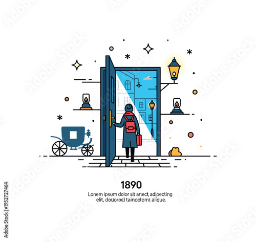 Victorian era street portal scene showing a traveler stepping through a glowing doorway into a gas lamp lit street. Subtle carriage silhouette and a short ??