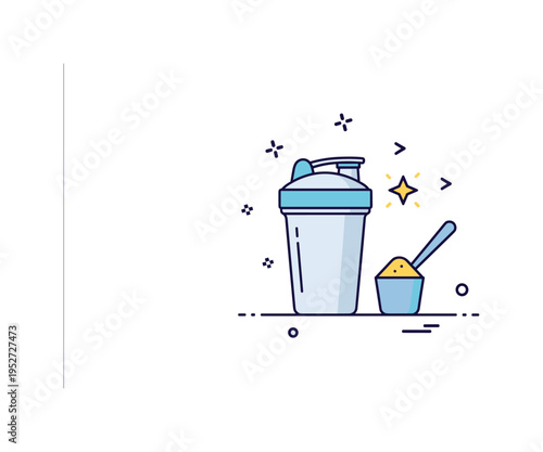 Gym essentials badge highlighting a compact shaker cup with a minimal powder scoop and a tiny star accent for emphasis. A modern and confident symbol of daily