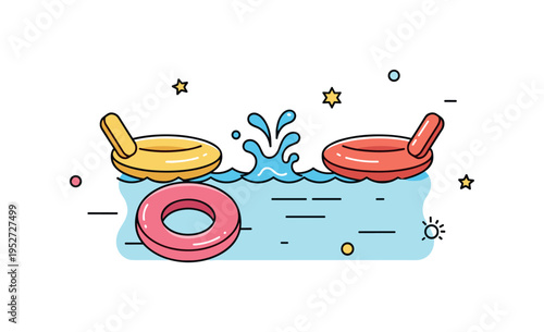 Kids pool fun shallow pool with colorful floaties and a small water splash frozen in motion, expressing joyful play and carefree summertime moments. Minimalist