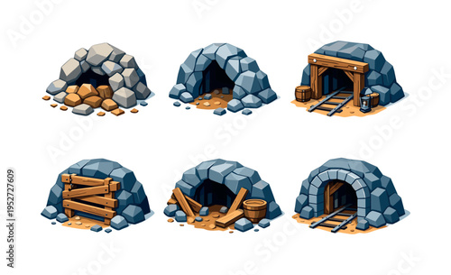 AbandonedCave. Isometric flat vector icons set of AbandonedCave: collapsed cave entrance, cracked rock cave opening, old mine cave entrance, boarded cave
