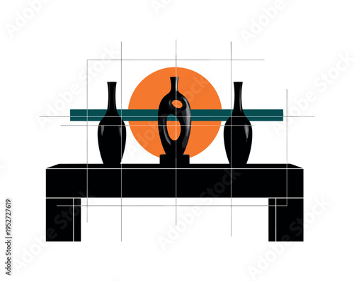 Black and white console table styled symmetrically with twin vases and central sculpture, vivid orange circle behind central object, deep teal horizontal bar
