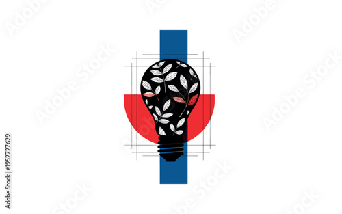 Black and white lightbulb shape filled with minimal leaf pattern, bold red semicircle tucked behind the bulb, deep blue vertical stripe dividing innovation and