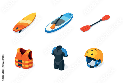 Water Sports. Isometric flat vector icons set of water sports: surfboard, paddleboard, kayak paddle, life jacket, wetsuit, water helmet. Arrange all isometric