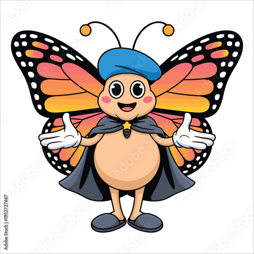 Cheerful anthropomorphic butterfly character giving thumbs up in a vibrant costume