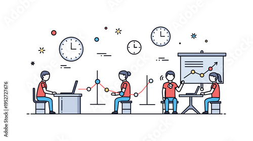 Audience behavior studies recording attention span with subtle clocks and shifting posture, conveying focus and distraction patterns during a presentation.