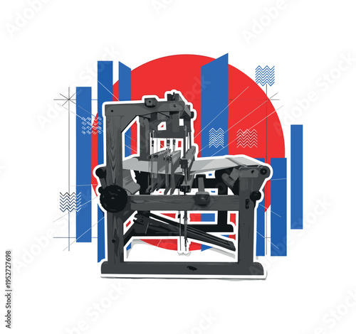 Black and white retro wooden loom machine in side view, bold red circle behind as focal contrast, blue geometric vertical rectangles mimicking warp threads,