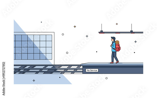 Urban exploration in deserted subway station featuring a traveler with backpack observing empty tracks. Simple tiled walls, soft shadowed platform edge and a
