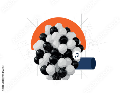 Black and white parade balloons clustered together, bold orange semicircle framing upper section like festive halo, thin framing guides overlaying composition
