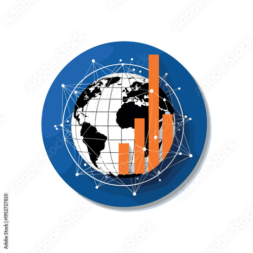 Black and white globe with segmented regions marked by abstract shapes, bold deep blue circle behind reinforcing global reach, orange vertical bars symbolizing