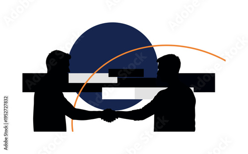 Black and white side profiles of two strangers facing each other with one extending a helping hand, oversized navy circle dominating upper composition, thin