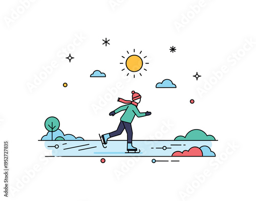 Ice skating on a frozen lake with a single skater gliding gracefully across smooth ice under a small winter sun icon, expressing freedom, balance, and seasonal