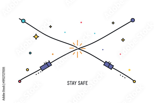 High voltage wires caution and awareness composition with a bold cable line crossing diagonally and a small spark accent near the center, conveying powerful