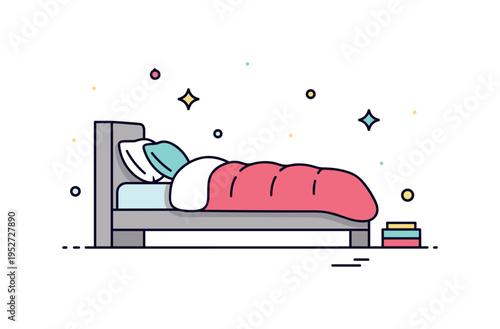 Serene bedroom interior featuring a compact bed with plush comforter and minimal decorative sparkles suggesting freshness and cleanliness. The image conveys