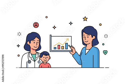 Pediatric consultation doctor and parent reviewing a simple growth chart with smiling child nearby, symbolizing guidance, development tracking and supportive
