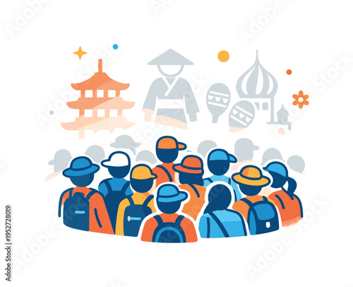 Overtourism backlash local culture erosion concept illustrated by traditional icons fading behind crowds, suggesting loss of authenticity and