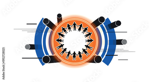 Black and white silhouettes forming a circle while holding hands, bright orange circular halo enclosing them and blue concentric arcs radiating outward like