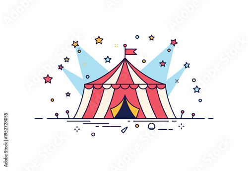 Big top under starry sky concept built around a bold tent shape framed by scattered stars and subtle spotlight beams, expressing drama and performance energy.