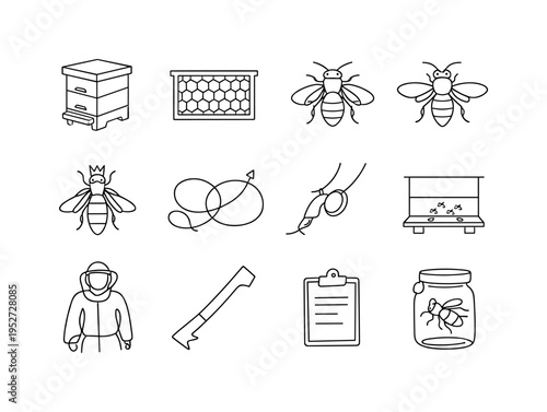 Bee Colony Research. Minimalistic set one-line drawing apiary boxes, framed honeycomb, worker bee, drone bee, queen bee, waggle dance path, pollen basket on