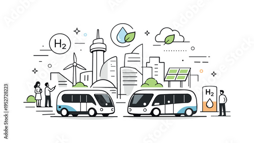 Futuristic hydrogen city transport. Autonomous hydrogen buses moving smoothly through a modern cityscape, showing quiet and sustainable urban transportation.