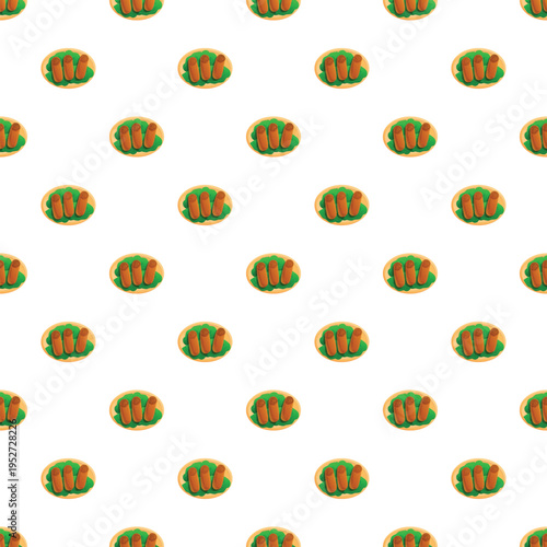 Asian fried spring rolls with green condiment on a plate creating a repeating pattern