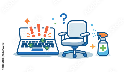 Hot desking hygiene anxiety illustrated by a laptop keyboard and chair outlined with alert marks and cleaning spray, conveying fear of germs and uncertainty in