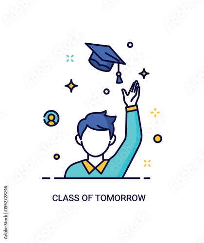 Student achievement milestone represented by a young graduate silhouette with a cap tossed upward and minimal star accents. A compact ?Class of Tomorrow? text