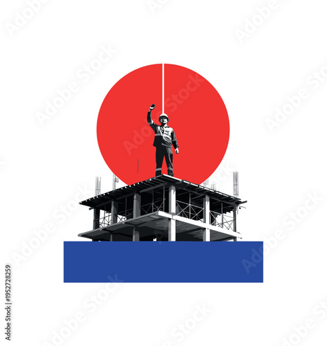 Black and white worker standing atop unfinished building structure raising arm, large flat red circle behind like achievement halo, thin vertical